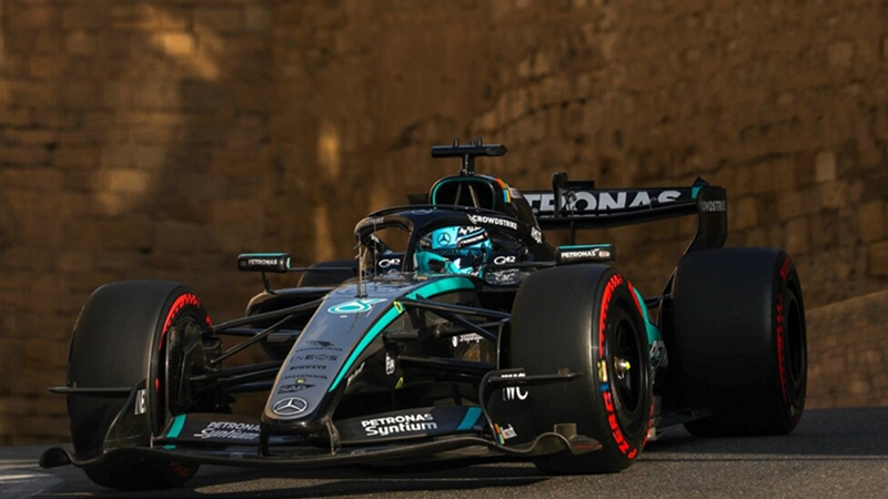 George Russell celebra su triunfo de punta a punta en el Gran Premio de Azerbaijan a bordo del Mercedes | Gentileza Fórmula 1