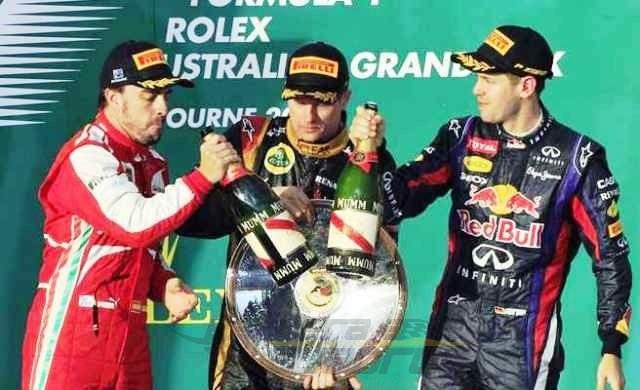 Fernando Alonso, Raikkonen y Vettel disfrutaron el primer podio de 2013.